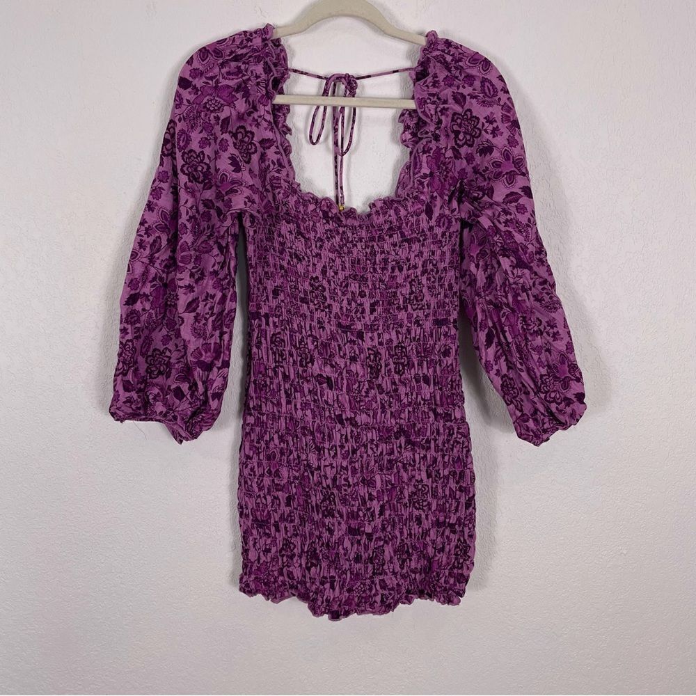 Free People Purple Floral Ruched Square Neck Long Sleeve Dress Small